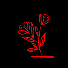 Red outline illustration of delicate flowers with leaves on a contrasting black background