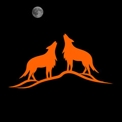 Silhouette of two wolves howling at the moon against a black night sky