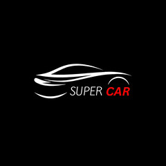 Sleek outline illustration of a super car logo against a black background