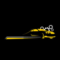 Sleek yellow car with gears on a black background automotive design concept