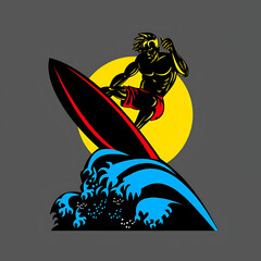 Surfer riding a wave with a surfboard vector illustration in bold graphic style