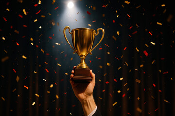 Hand holding gold trophy with confetti.