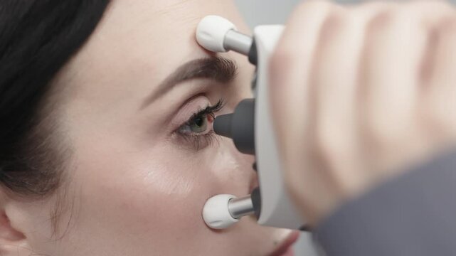 Close-up measurement of eye pressure using a portable tonometer. The concept of ophthalmologic diagnosis and treatment.
