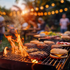 Group of people are gathered around a barbecue, cooking food with steaks and burgers in the garden, celebrating in background