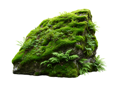 Moss covered rock with ferns isolated on transparent background