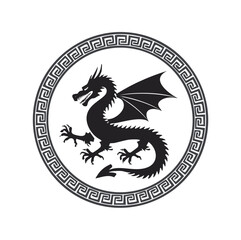 Majestic black dragon greek key design mythological creature