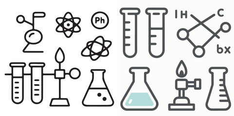 Obraz premium a collection of science-themed icons, including test tubes, beakers, atoms, and molecules. 