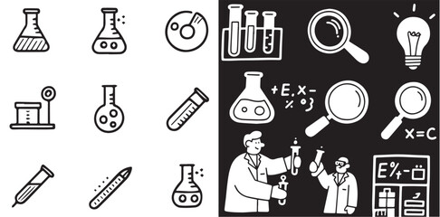 An illustration of science icons, including beakers, test tubes, microscopes, and scientists.