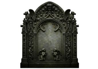 Gothic stone archway with angels and gargoyles isolated on transparent background