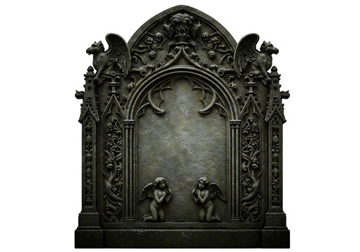 Gothic stone archway with angels and gargoyles isolated on transparent background