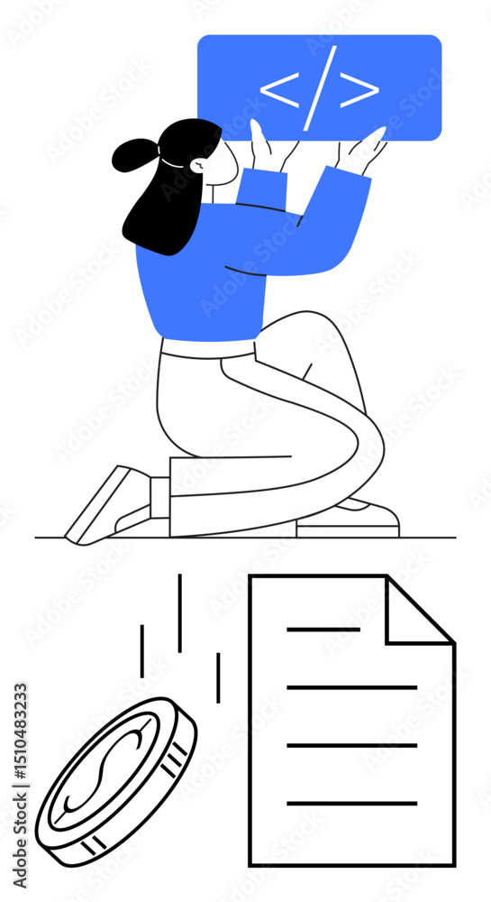 Poster woman kneeling with coding element, falling coin, and document below. ideal for software development