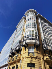  typical buildings of Coruna city  with elegant glass facade in Galicia , Spain
