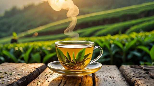 Hot cup of herbal tea in a glass cup with rising steam on a wooden table surrounded by fresh green tea leaves and plantation hills at sunrise

