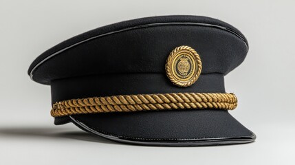 Black military peaked cap with gold braid and emblem
