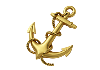 Golden anchor with rope isolated on transparent background