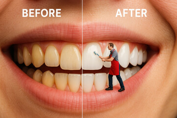 Before and after shot comparing a woman's teeth after dental treatment, showing significant improvement.
