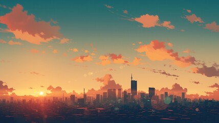 Obraz premium イラスト調の都会の夕暮れ