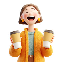 Happy woman holding coffee cups.