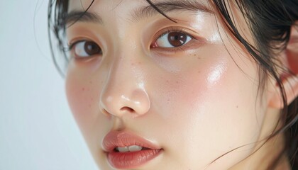 日本人, 超リアル, 美しい, 若い女性, 顔, クローズアップ, 欠点のない肌, 輝く肌質, ナチュラルメイク, 柔らかなライティング, 美容CM風, シネマティック, カメラ目線, 高解像度,Japanese, ultra-realistic, beautiful, young woman, face, close-up, flawless skin, glowing complexion