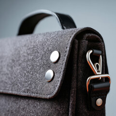 Your It Bag close-up of grey felt messenger bag corner with snap button and leather handle