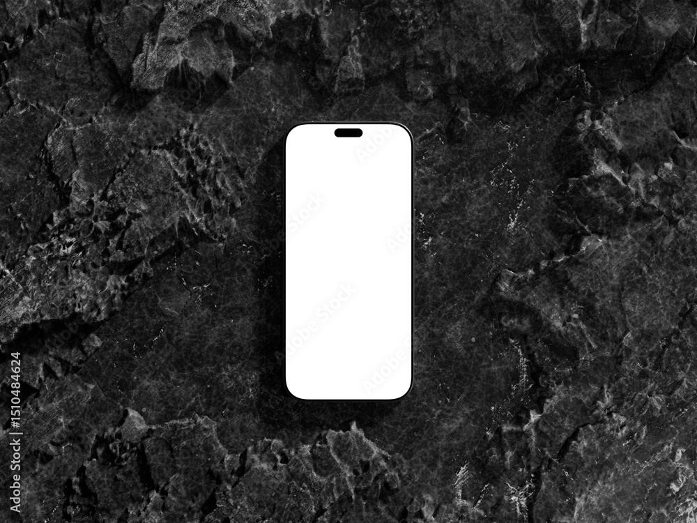 Poster modern smartphone with frame less blank screen on dark rock textured surface, ready for customizatio