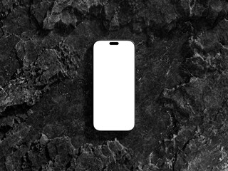 Modern smartphone with frame less blank screen on dark rock textured surface, ready for customization or design presentations.