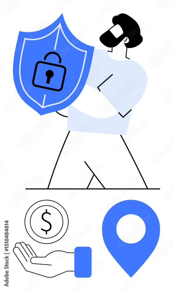 Poster man holding shield with lock for data security, dollar coin in hand, and location marker. ideal for 
