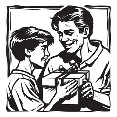 Son Giving Present to Father with Love in a Black and White Silhouette