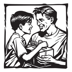 Son Giving Present to Father with Love in a Black and White Silhouette