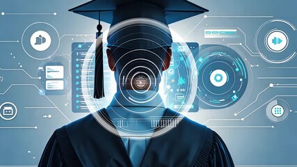 Graduate student in cap and gown facing digital interface with facial recognition scanner and futuristic education technology graphics

 - Powered by Adobe