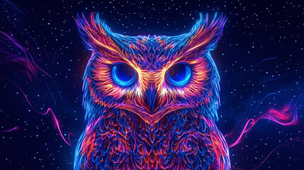 Fototapeta premium A stunning neon owl with vibrant colors and glowing eyes, set against a backdrop of sparkling stars.