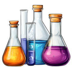 Colorful Liquids in Glass Flasks and Test Tubes on Transparent Background isolated PNG transparent background