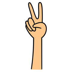 Hand drawn cartoon peace hand sign on white background.
