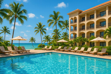 Fototapeta premium People swimming in the pool at the resort at Turtle Bay.