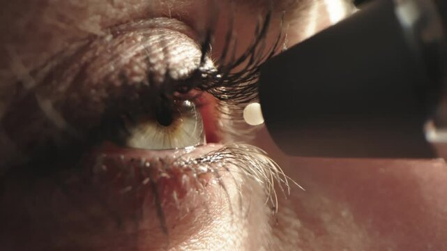 Close-up of eye pressure measurement with a modern applanation tonometer. Concept of ophthalmologic diagnostics and modern technologies.