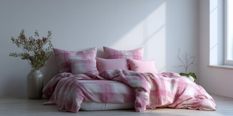 Fully made bed with matching comforter and pillows on a pink theme.