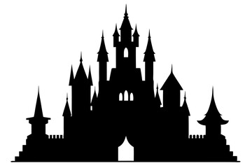 Majestic Dark Silhouette of a Grand Castle with Spires in a Fantasy Fairytale Setting