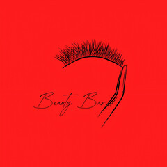 Elegant black eyelash extension beauty bar logo design on a red background