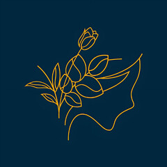 Elegant golden floral illustration with woman's face on a dark blue background design