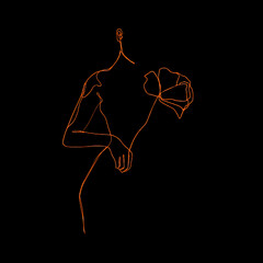 Elegant monoline woman silhouette holding flower with a minimalist and artistic black design