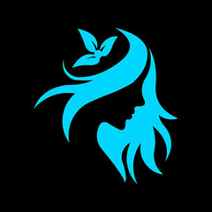 Elegant silhouette of a woman with flowing hair adorned by a floral element in cyan blue