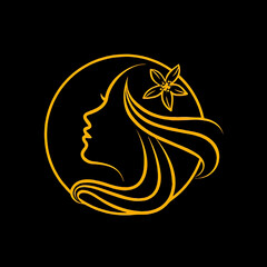 Elegant minimalist woman profile silhouette with flower within a circle on a black background