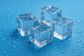 Ice cubes glistening with water droplets on blue background.