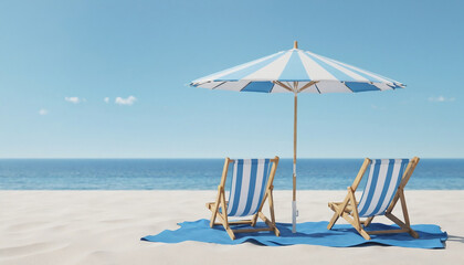 Tropical beach with chairs and umbrella on white sand under sunny sky, This image was created using generative artificial intelligence.