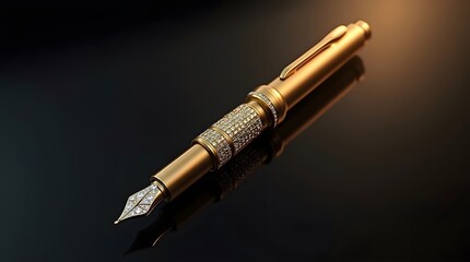 Elegant golden pen with diamond accents on a sleek black background, perfect for luxury and business themes.