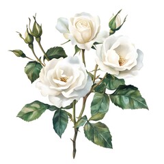 Fototapeta premium Watercolor painting of white roses with green leaves, on a clear background