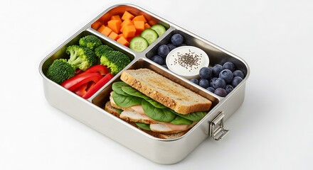 "Wholesome Meal Prep: A stainless steel bento box, gleaming against a clean white background, is perfectly packed with a nutritious and colorful lunch. 