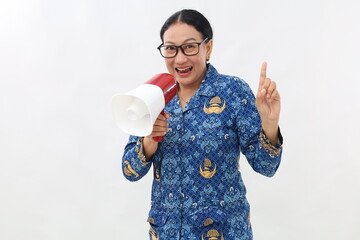 Young Asian civil servant woman with finger gesture pointing making announcement megaphone....