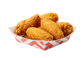 Delicious glazed chicken wings in basket isolated on transparent background