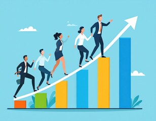 Business team climbing graph towards success upward trend with blue sky